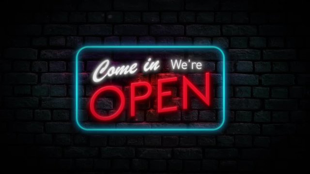 We're Open Neon Sign Background Seamless Looping/ 4k animation of a neon open sign blinking for night storefront, restaurant, motel and night business