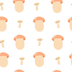 Seamless pattern of cute kawaii mushrooms. Cartoon background mushrooms for decor and textile. Boletus mushrooms