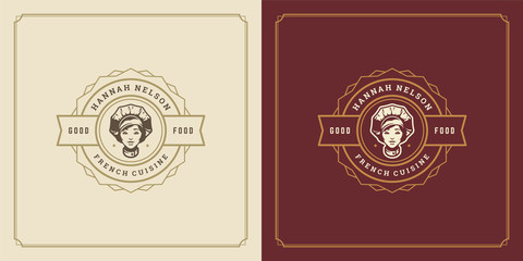 Restaurant logo template vector illustration female chef head in cap symbol and decoration good for menu and cafe sign