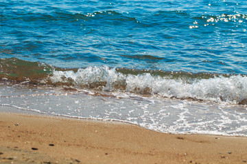 sandy beach and blue sea wave. Beautiful natural background. Tourism and travel.