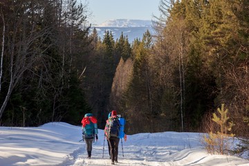 Group of tourists taking a winter hike in the mountains