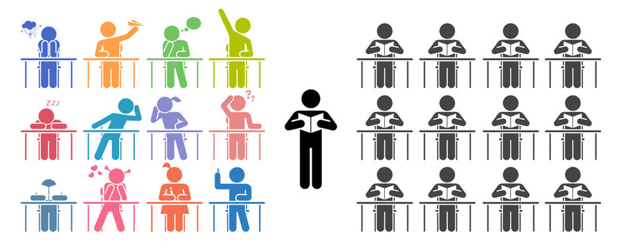 School Days. Students In School Attending Classes. Teacher And Pupils In Classroom. Pictogram Icon Set.