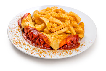 Currywurst mit Käse überbacken Variation mit Pommes Frites