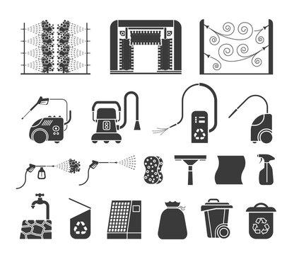 Set of car wash tools icons. Collection of icons presenting equipment used for car wash.