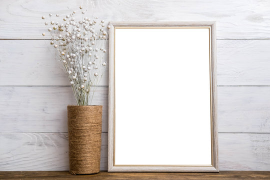 Mockup of blank brown frame poster on wall with linen
