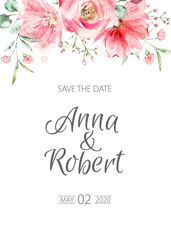 Wedding invitation design, decor of watercolor flowers. Pink and coral color.