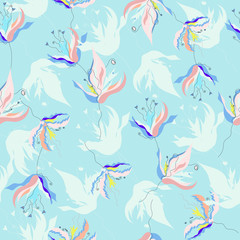 Fototapeta na wymiar Floral pattern for fabric. Painted flowers on a blue background. Vector geometric seamless pattern.