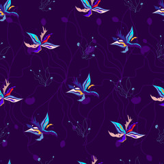 Obraz premium Seamless floral pattern. Outline colors on a dark background for fabric, tile, wallpaper, interior. Endless vector texture.
