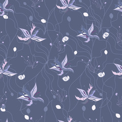 Textile floral pattern. Mother of pearl flowers with pearls on a purple background. Endless vector texture for fabric, tile, wallpaper, interior.