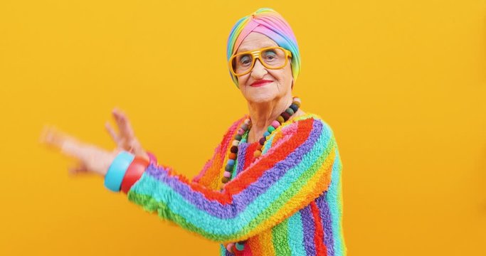 Funny grandmother portraits.granny fashion model on colored backgrounds