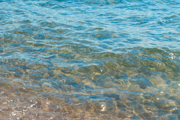 Clear water texture in blue and orange. Background of the ocean and the sea backlit by the sun. Soft waves. Natural water
