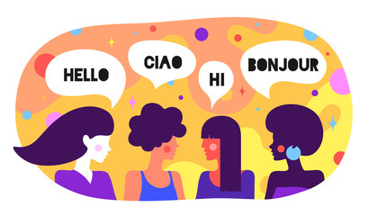 Modern flat character. Friends women say Hello, Ciao, Hi, Bonjour © foxysgraphic