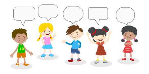 Vector Group of happy smiling kids speaking together. Communication, assistance and connection 