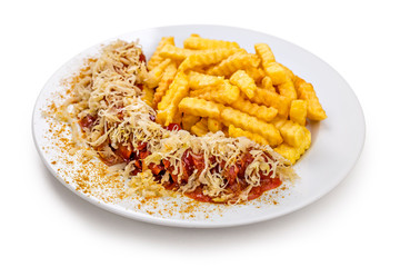 Currywurst Bayerisch Sauerkraut Variation mit Pommes Frites