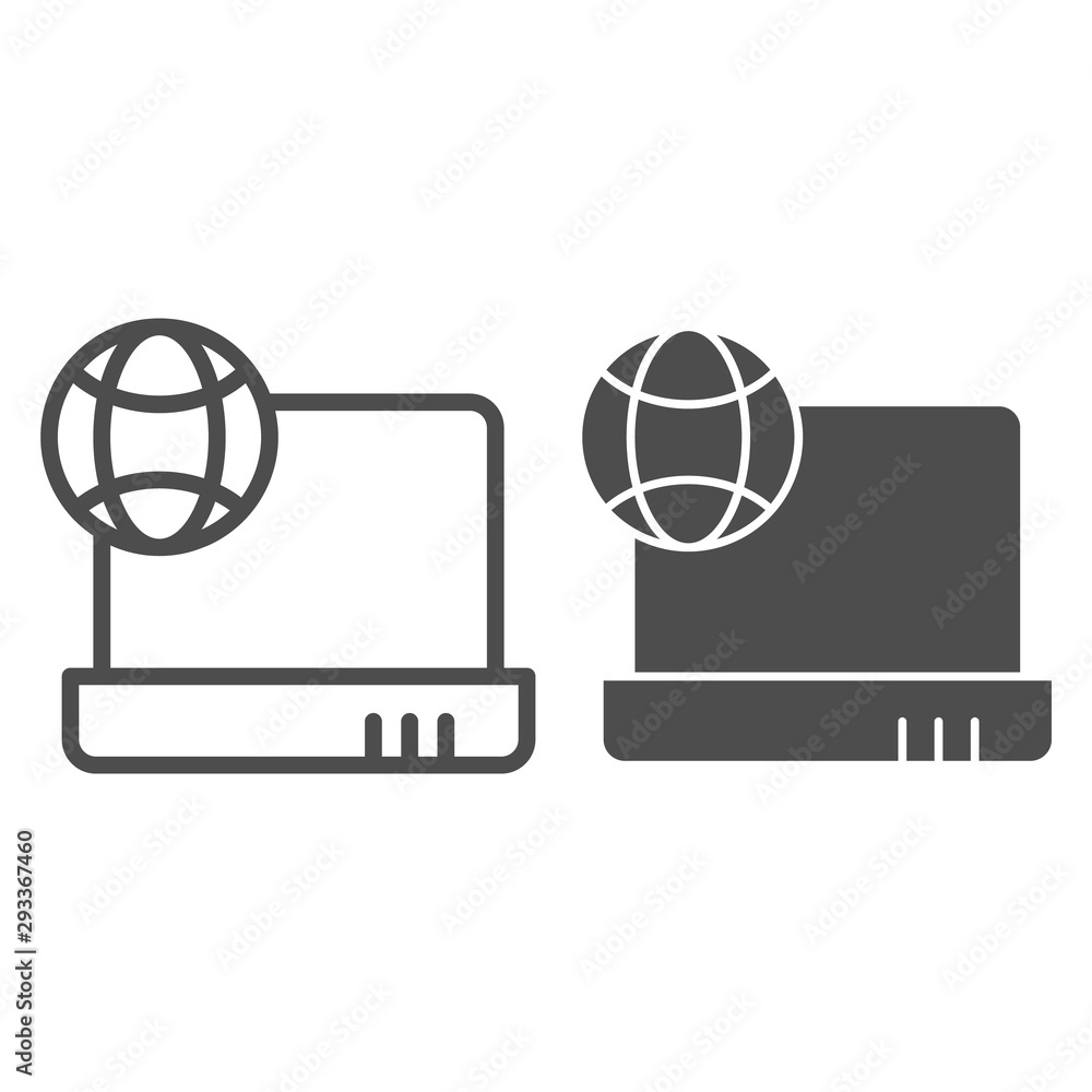 Poster internet on laptop line and glyph icon. notebook with planet vector illustration isolated on white. 