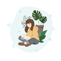 A girl wearing a yellow winter jacket with a mum with leaves vector drawing
