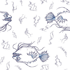 Seamless pattern with predatory fish and seaweed - 293367679