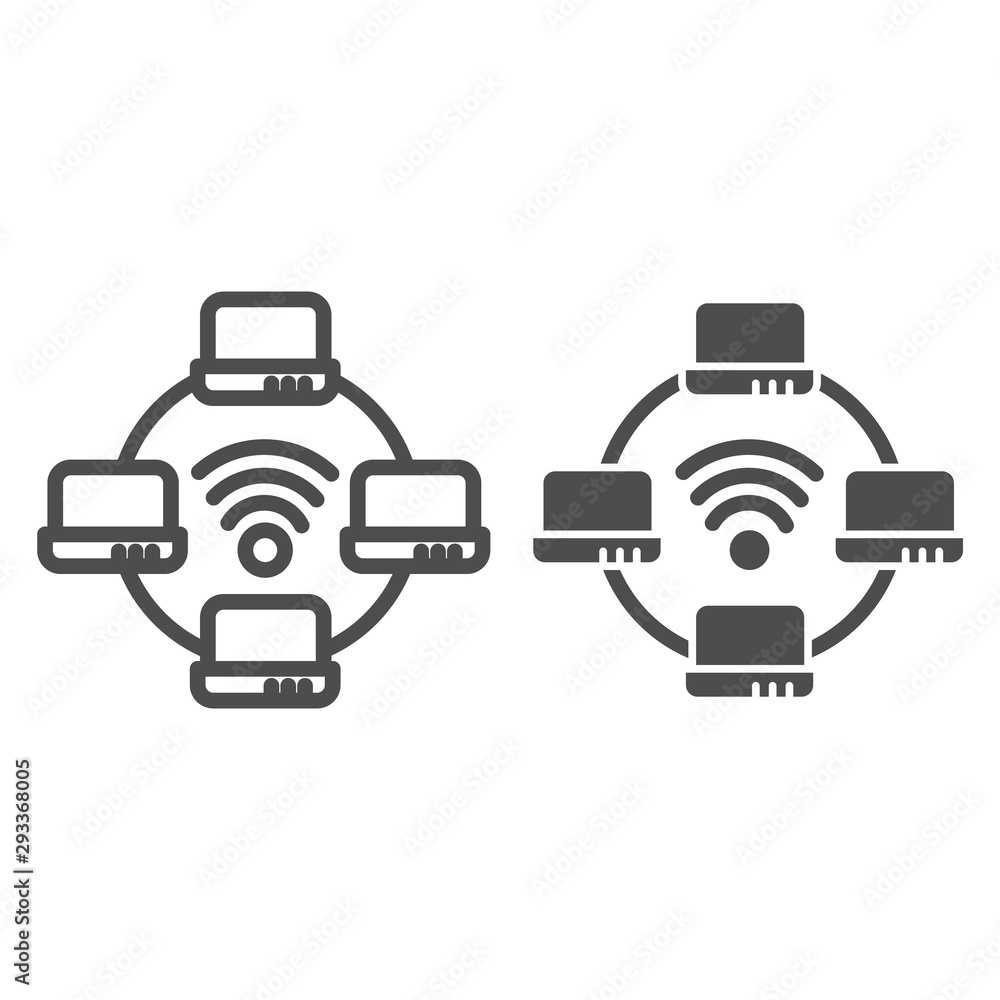 Poster computer network line and glyph icon. laptop networking vector illustration isolated on white. socia