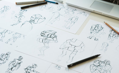 Animator designer Development designing drawing sketching development creating graphic pose characters sci-fi robot Cartoon illustration animation video game film production , animation design studio.