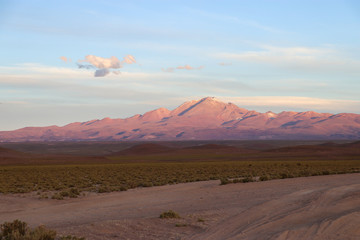 Fototapeta na wymiar Breathtaking Bolivian Scenery - Deserts, salt flats, sunrise, sunset, vicuna, llama, lama, cactus, snow, lakes, flamingos 