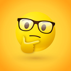 Clever or nerdy thinking face emoji - emoticon face wearing glasses shown with a single finger and thumb resting on the chin glancing upward on yellow background - 293369650