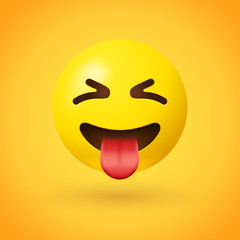 Squinting face emoji with tongue - X-shaped, tightly closed eyes and a big grin, sticking out its tongue. Often conveys a sense of fun, excitement, playfulness, hilarity, and happiness