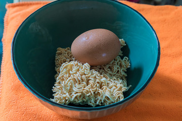 Instant noodle Green ceramic bowl with eggs