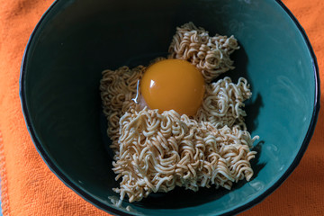 Instant noodle Green ceramic bowl with eggs