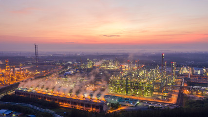 Aerial view Thermal power industry power plant at sunrise.