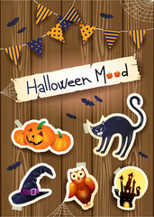 Halloween background with stickers, text and festoon on wood