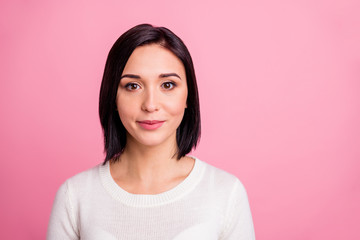 Fototapeta premium Photo of charming business lady with clever eyes and pretty sweet smile wear white pullover isolated pink color background