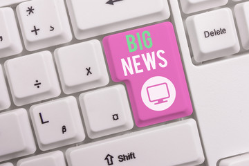 Text sign showing Big News. Business photo text knowing actions no one heard about it yet Teleporter journalist White pc keyboard with empty note paper above white background key copy space