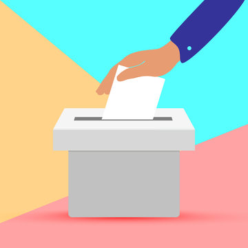 Flat hand putting vote bulletin into ballot box icon. Election concept on pink blue colored pastel background