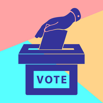  Flat hand putting vote bulletin into ballot box icon. Election concept