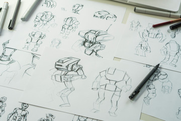 Animator designer Development designing drawing sketching development creating graphic pose characters sci-fi robot Cartoon illustration animation video game film production , animation design studio.