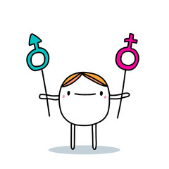 Cartoon man choosing between two genders female and male woman man hand drawn vector illustration