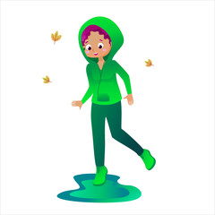 Young girl in sportswear doing an autumn run. A young American girl goes in for sports with music. The girl in the hood is engaged in cardio. An American takes care of her health. Healthy lifestyle.