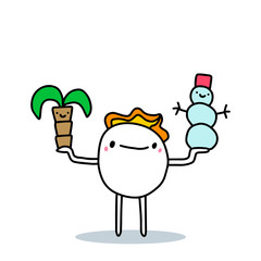 Cartoon man choosing between sunny resort palms beach and cold snow winter place hand drawn vector illustration