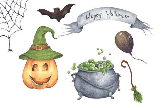 Watercolor Halloween set. Holiday illustration for design. In the picture: pumpkin, cauldron, potion, broom, air balloon, spider web, bat.