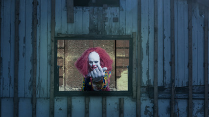 An evil clown looks out of a window and waves at you