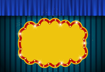 Retro banner on vintage blue background with curtain