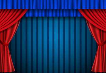 Red curtain on blue vintage background. Design for presentation, concert, show
