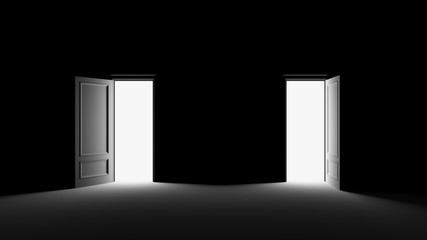 Bright white light illuminating a black room through a door.3d render