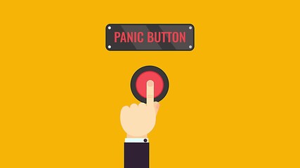 Businessman pressing panic button with a trembling hand on yellow background. Seamless looped cartoon animation. Social media start up business concept. Touch, push or press symbol. - Powered by Adobe
