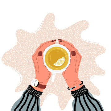 Hands holding teacup flat vector illustration