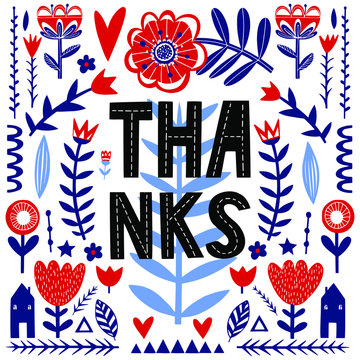 Thanks - unique hand drawn poster with handdrawn lettering in scandinavian style. Vector illustration.