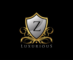 Gold Shield Z Letter Logo. Gold Vintage Shield With Z Letter prefect for boutique, hotel, restaurant, wedding and other elegant business. 