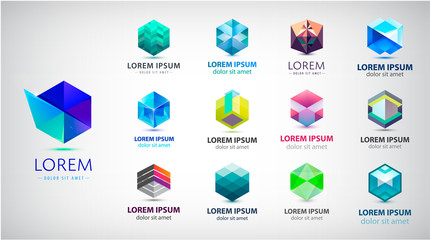 Vector set of abstract 3d logos, geometric, hexagon shape collection