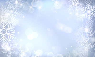 Fototapeta na wymiar Blue winter background with abstract snowflakes and shines