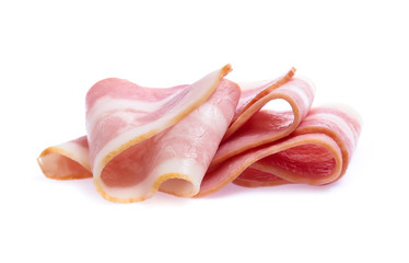 Fresh sliced bacon on white background
